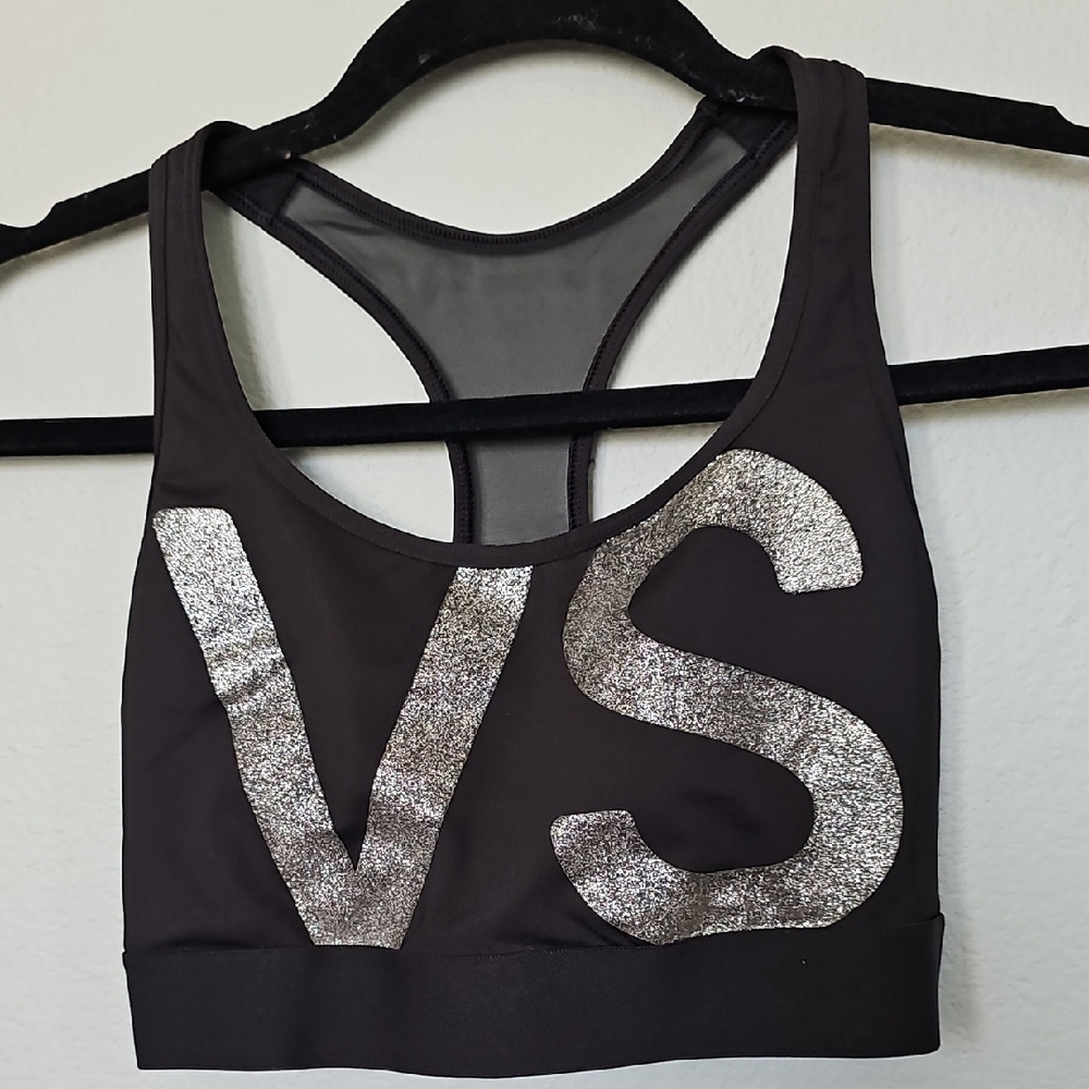 Victoria's Secret Sport Black Sports Bra with Silver Bold Lettering VS Small